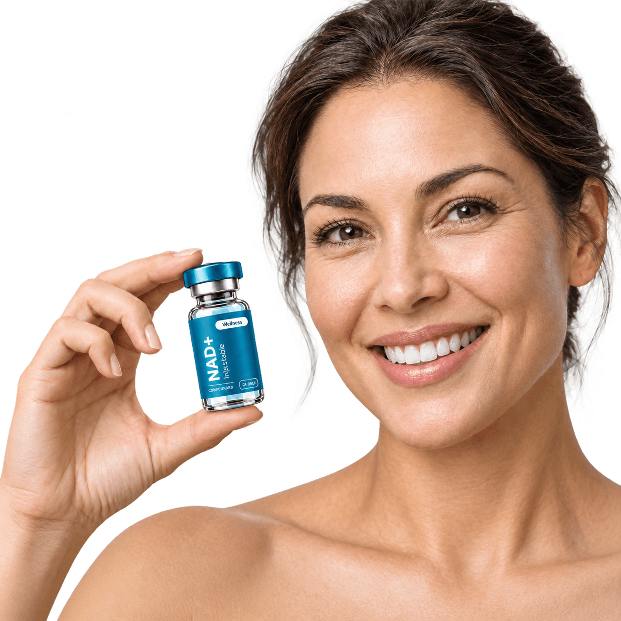 A smiling woman holding a vial of VitaStack Health compounded NAD+